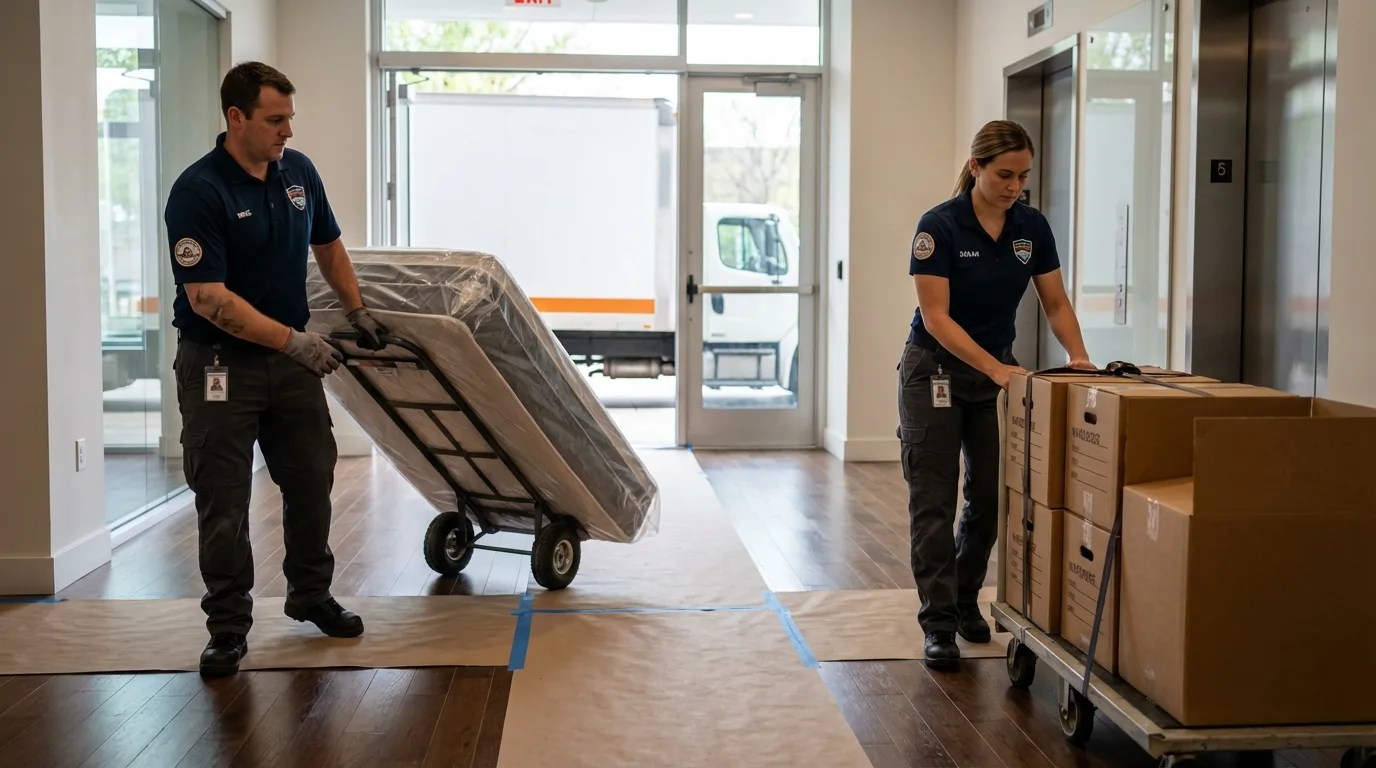 Professional apartment movers loading elevator in Lake Havasu City, AZ