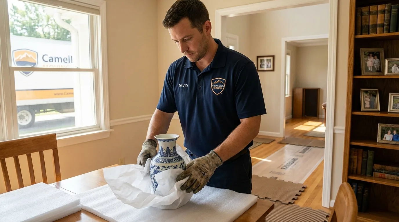 Professional crew carefully wrapping antique vase for senior downsizing move in Lake Havasu City, AZ